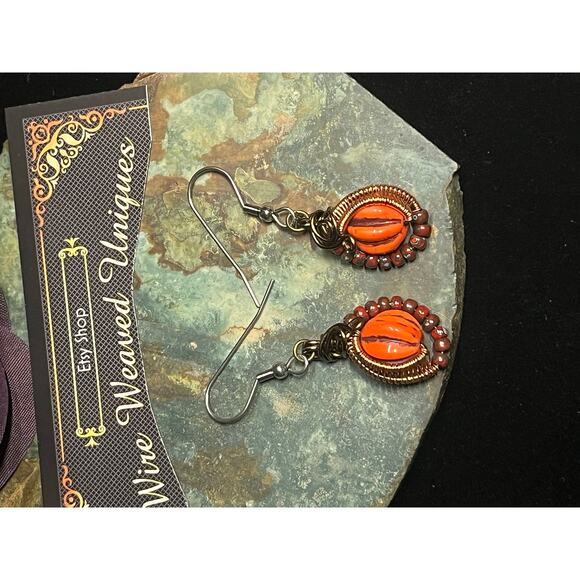 Handmade Wire Wrap Earrings Pumpkins - Picture 10 of 10